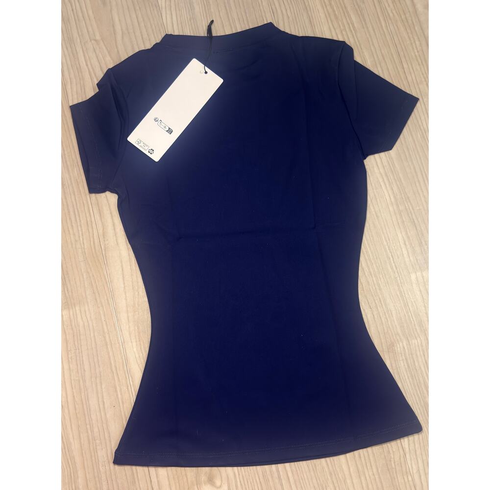 Women's Fitted Short Sleeve Athletic T-Shirt Navy Stretch Activewear Top - Picture 6 of 6